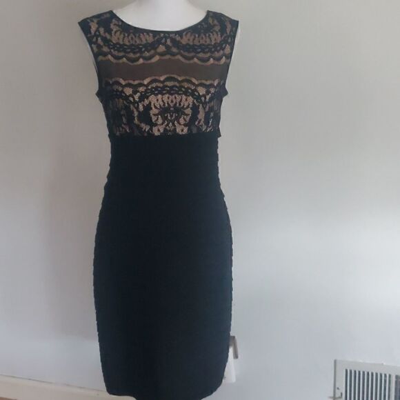 Adrianna Papell Black Dress W/Lace Overlay Bodice - Picture 1 of 5